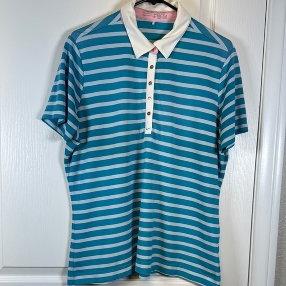 Nike Golf Tennis Dri-Fit Polo Shirt Stripe Teal White Size XL EUC #5535
